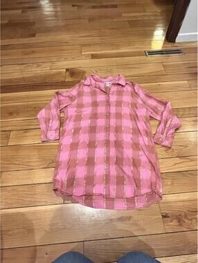 Pink Checkered Button-Up Sleep Shirt with Lace Trim